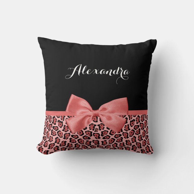 Coral Pink Leopard Bow Cushion (Front)