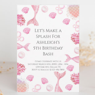 Coral Pink Mermaid Themed Birthday Party Invitation
