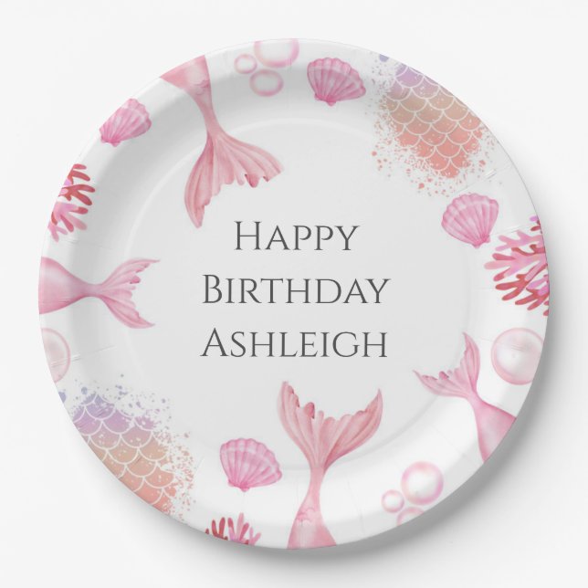 Coral Pink Mermaid Themed Birthday Party Paper Plate (Front)