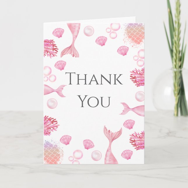 Coral Pink Mermaid Themed Birthday Party Thank You Card (Front)