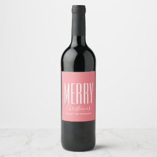 Coral Pink Merry Christmas Personalised Wine Label