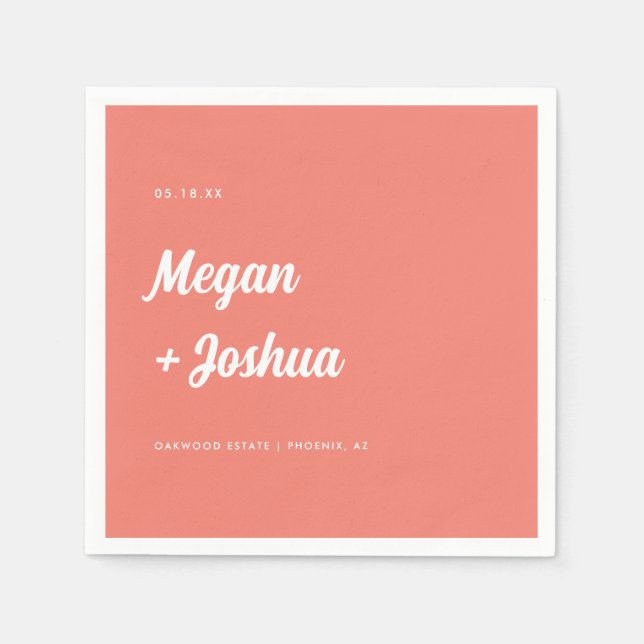 Coral Pink Minimalistic Script Wedding Napkin (Front)