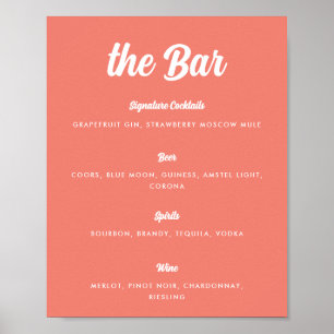 Coral Pink Modern Script Wedding Bar Menu Poster