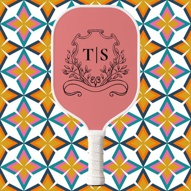 Coral Pink Monogram Initial Girly Classic Crest Pickleball Paddle (Coral Pink Monogram Initial Girly Classic Crest Pickleball Paddle)