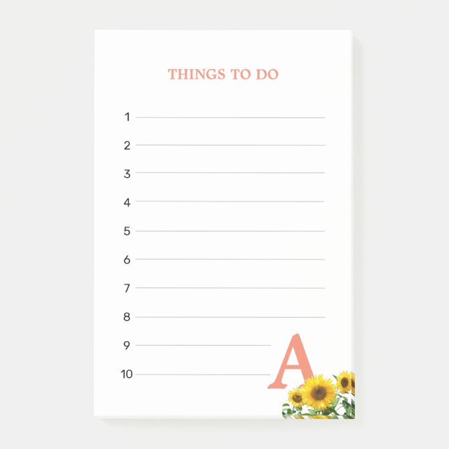 Coral Pink Monogram & Sunflowers Things To Do Post-it Notes (Front)
