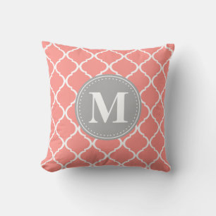 Coral Pink Moroccan Lattice Grey Monogram Cushion