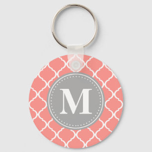 Coral Pink Moroccan Lattice Grey Monogram Key Ring