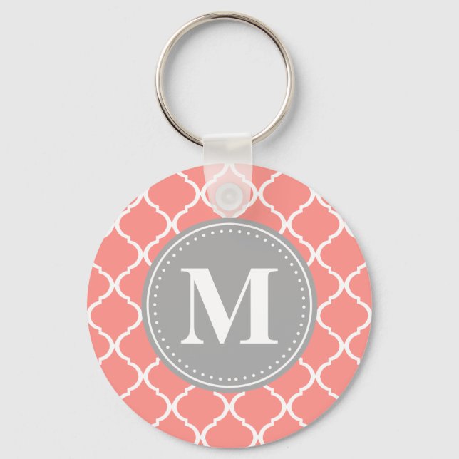 Coral Pink Moroccan Lattice Grey Monogram Key Ring (Front)
