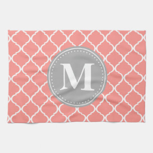 Coral Pink Moroccan Lattice Grey Monogram Tea Towel