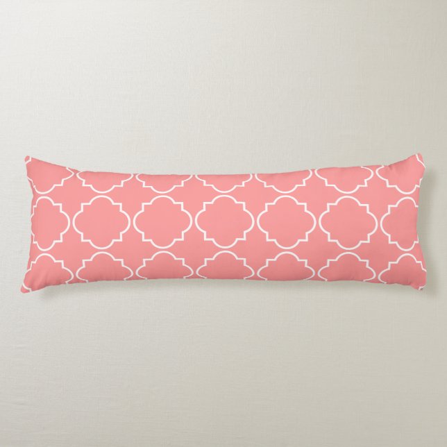 Coral pink morrocan quatrefoil trellis body pillow (Front)
