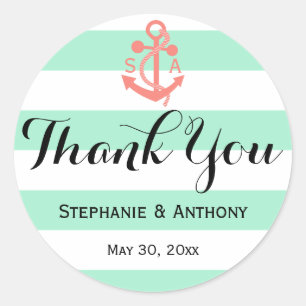 Coral Pink Nautical Anchor and Mint Green Wedding Classic Round Sticker