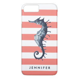 Coral pink Nautical Seahorse personalised monogram iPhone 8 Plus/7 Plus Case