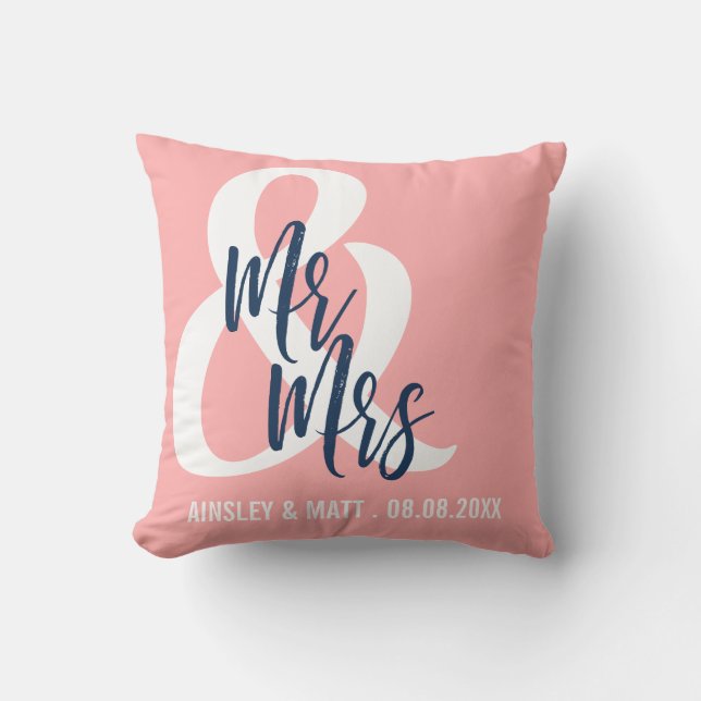 Coral Pink & Navy Blue | Mr & Mrs Custom Names Cushion (Front)