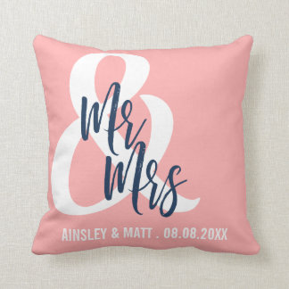 Coral Pink & Navy Blue | Mr & Mrs Custom Names Cushion