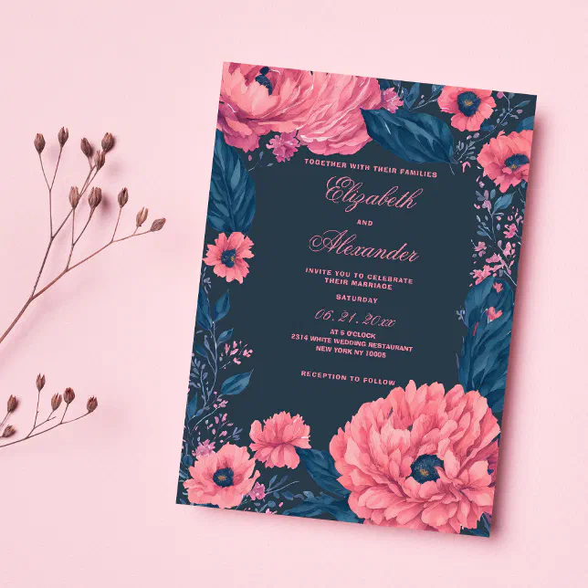 Coral pink navy blue watercolor floral Wedding Invitation | Zazzle