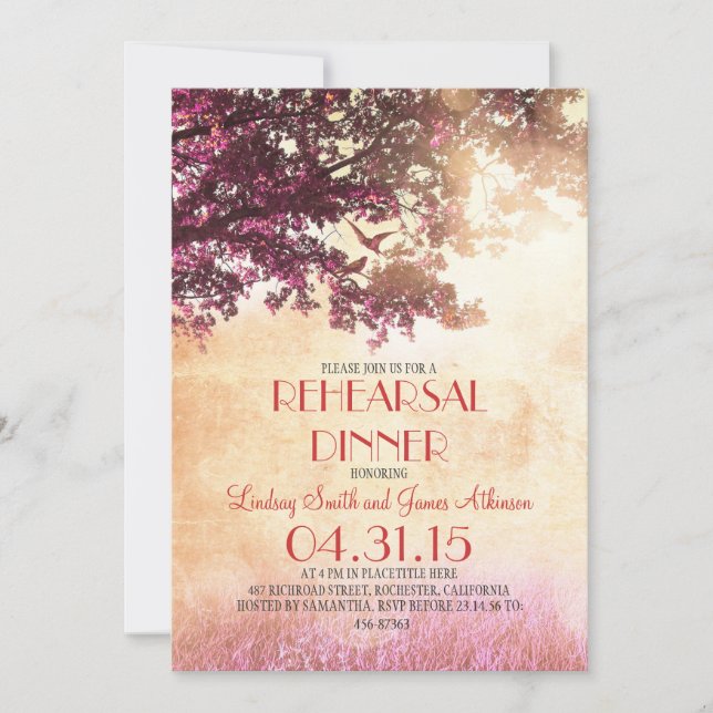 Coral pink oak tree & love birds rehearsal dinner invitation (Front)