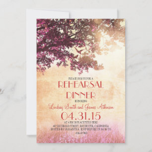 Coral pink oak tree & love birds rehearsal dinner invitation