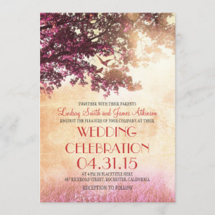 Coral pink oak tree & love birds wedding invites