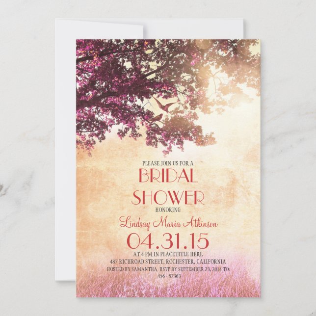 Coral pink old oak tree & love birds bridal shower invitation (Front)