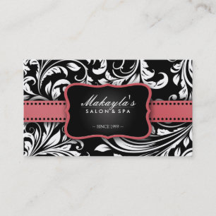 Coral Pink on Black and White Floral Damask Salon Business Card