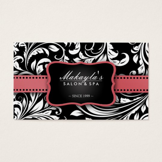 Coral Pink on Black and White Floral Damask Salon Business Card