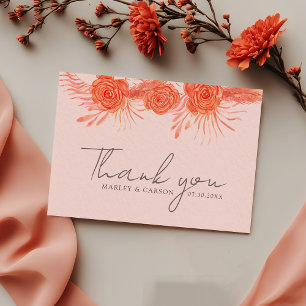 Coral Pink Orange Floral Script Wedding Thank You Card