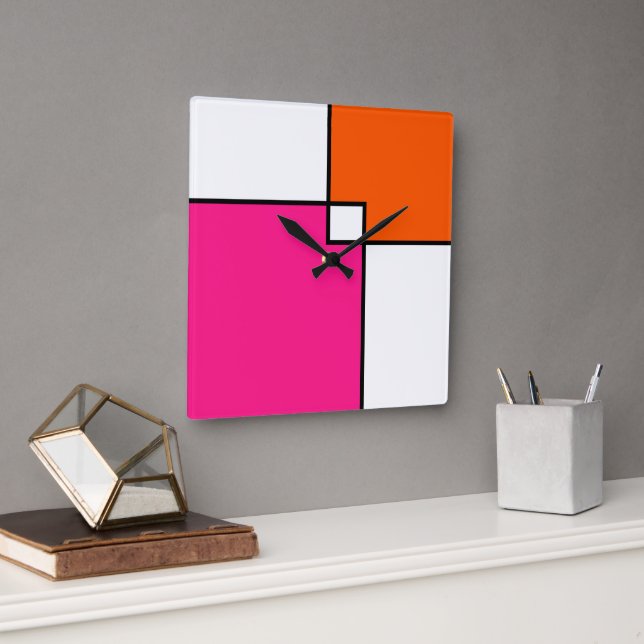 Coral Pink Orange White Squares  Square Wall Clock (Office)