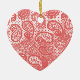 Coral Pink Paisley Heart Ceramic Tree Decoration