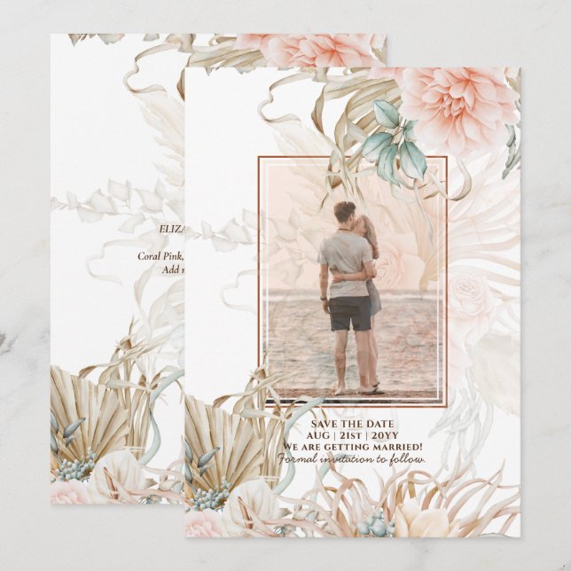 Coral Pink Pampas Grass PHOTO Wedding Save The Date (Front/Back)