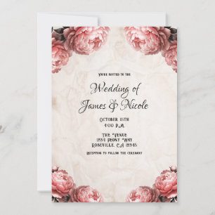 Coral Pink Peony Flowers Vintage Rustic Wedding  Invitation