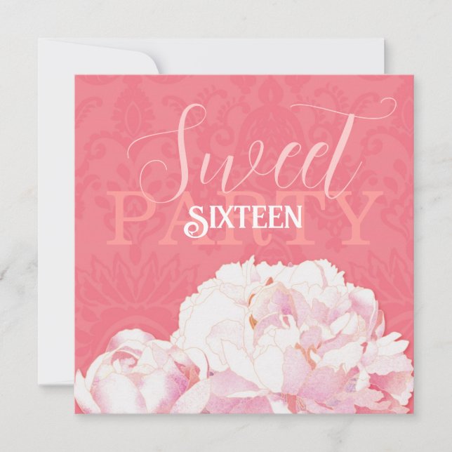 Coral Pink Peony Sweet Sixteen Birthday Invitation (Front)