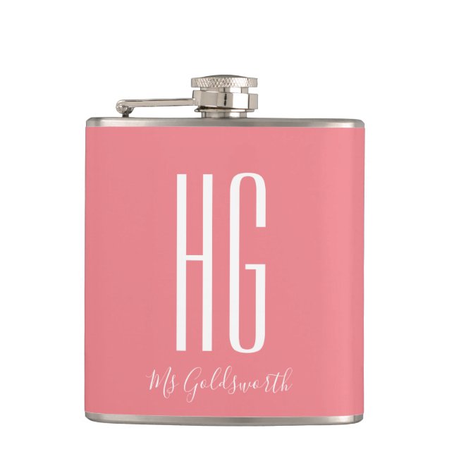 Coral Pink Personalised Name Monogram Hip Flask (Front)
