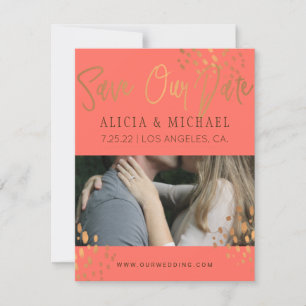 Coral Pink PHOTO Faux Rose Gold Foil Typography Save The Date