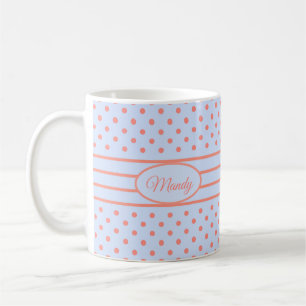 Coral Pink Polka Dots and Stripes on L Blue Coffee Mug