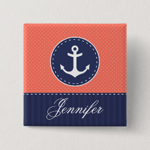 Coral Pink Polka Dots Dark Blue Anchor With Name 15 Cm Square Badge