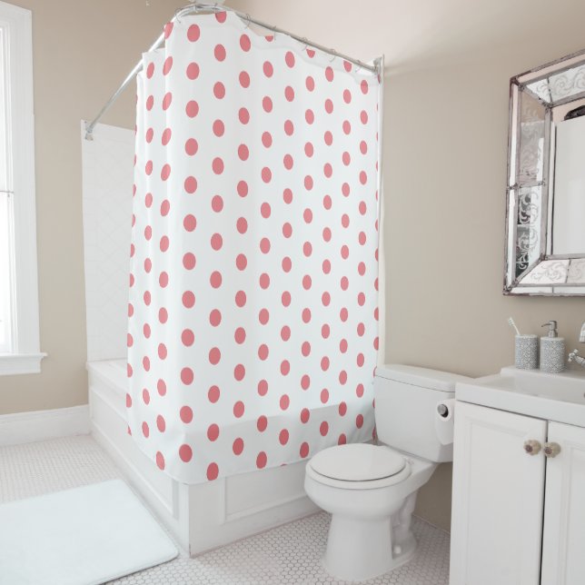 Coral Pink Polka Dots on White Shower Curtain (In Situ)