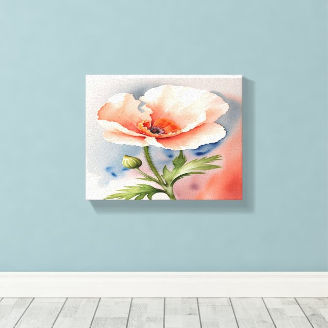 Coral Pink Poppy Flower Stretched Canvas Print (Insitu(Wood Floor))
