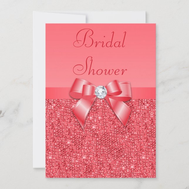 Coral Pink Printed Sequins & Diamond Bridal Shower Invitation (Front)