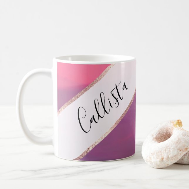 Coral Pink Purple Modern Abstract Waves Art Coffee Mug (With Donut)