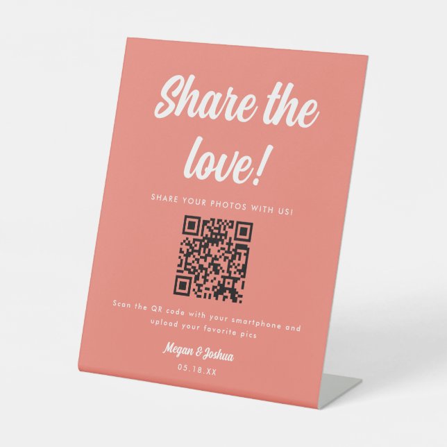 Coral Pink QR Code Share the Love Wedding Photo Pedestal Sign (Front)