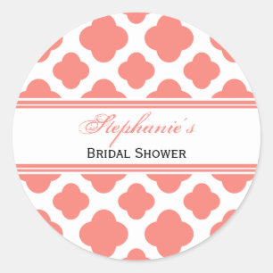 Coral Pink Quatrefoil Pattern Bridal Shower Classic Round Sticker