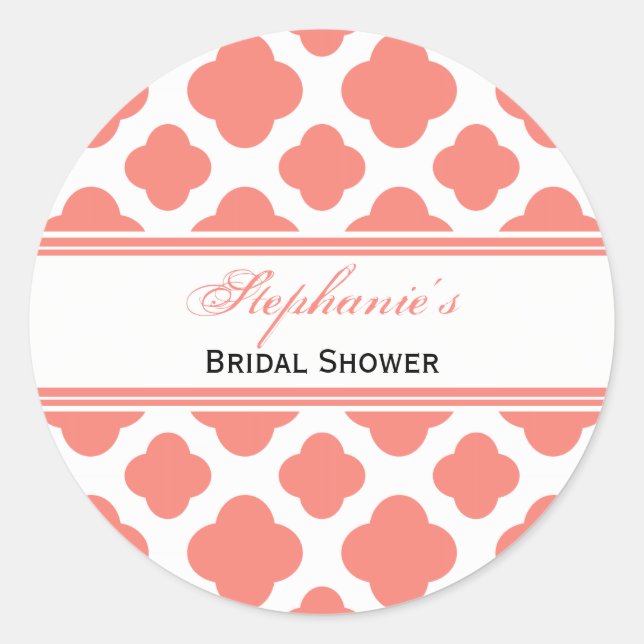 Coral Pink Quatrefoil Pattern Bridal Shower Classic Round Sticker (Front)