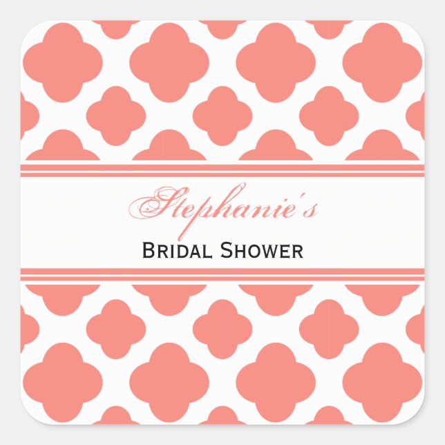 Coral Pink Quatrefoil Pattern Bridal Shower Square Sticker (Front)