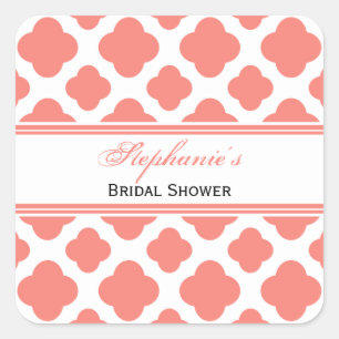 Coral Pink Quatrefoil Pattern Bridal Shower Square Sticker