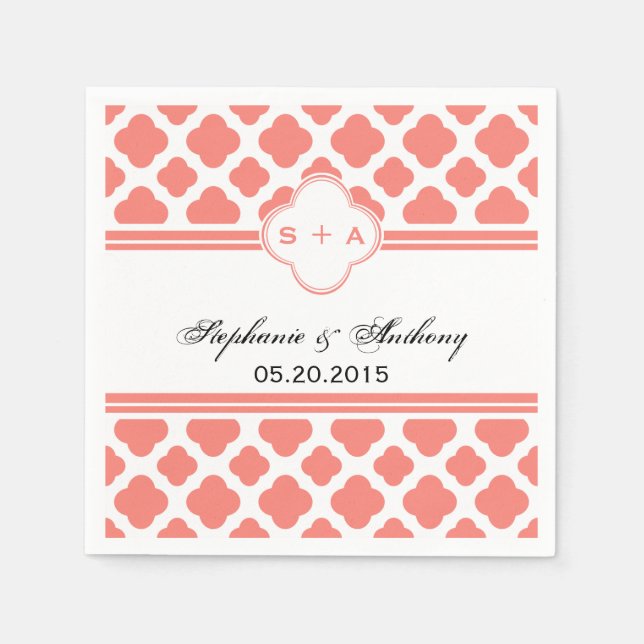 Coral Pink Quatrefoil Pattern Wedding Napkin (Front)