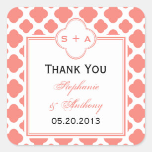 Coral Pink Quatrefoil Pattern Wedding Thank You Square Sticker