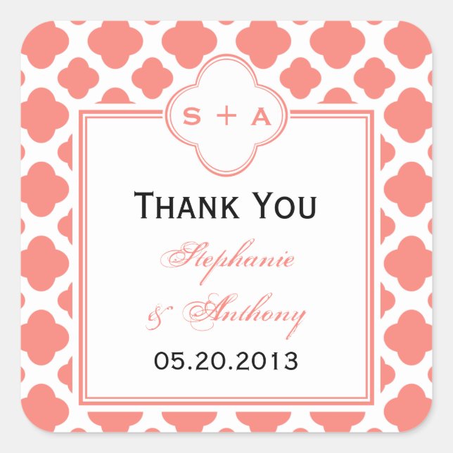 Coral Pink Quatrefoil Pattern Wedding Thank You Square Sticker (Front)