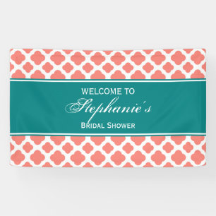 Coral Pink Quatrefoil Pattern with Teal Bridal Banner