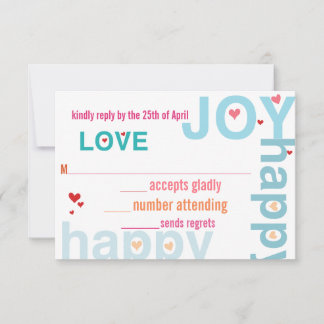 Coral Pink Red Aqua Modern Typography Wedding RSVP Card