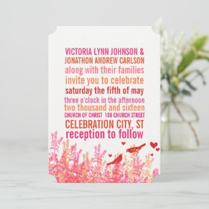 Coral Pink Red Floral Vintage Typography Love Bird Invitation